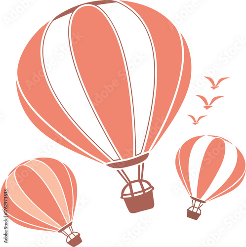 Hot air balloon vector illustration with three coral and white balloons flying in the sky with birds in a minimalist graphic style, a simple travel and adventure concept.