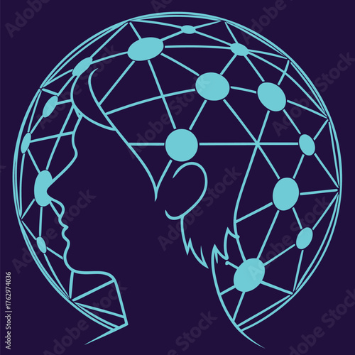 Human head profile silhouette overlaid with a polygonal sphere network of connected lines and dots, a vector illustration of artificial intelligence and digital mind.