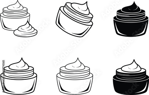 Cosmetic Cream Jar Icons: Line Art and Silhouette Styles