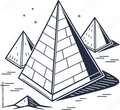 Vector line art illustration of the giza pyramids in egypt with an emphasis on the largest pyramid, drawn in a clean, hand-drawn doodle style symbolizing history, ancient culture, travel.