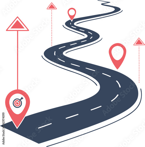 Winding road vector illustration with multiple map pointers and dotted lines marking the journey, timeline, strategy, or roadmap from a starting target goal to a destination.