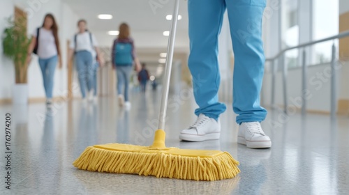Cleaning professional using mop in hospital hallway to maintain hygiene, while people walk by wearing casual clothing and backpacks