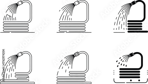 Set of Icons: Garden Hose Spraying Water, Various Styles