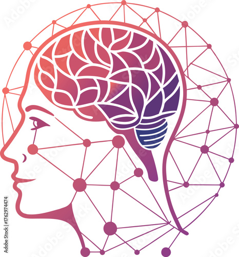 Human head with visible brain inside a network of connected dots, a vector illustration of artificial intelligence, machine learning, digital brain, neural network, or cognitive technology.