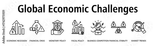 Global Economic Challenges banner web icon vector illustration concept with icon of economic recession, financial crisis, monetary policy, fiscal policy, business competition

