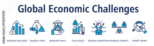 Global Economic Challenges banner web icon vector illustration concept with icon of economic recession, financial crisis, monetary policy, fiscal policy, business competition
