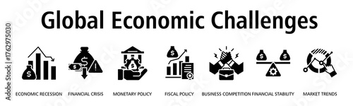 Global Economic Challenges banner web icon vector illustration concept with icon of economic recession, financial crisis, monetary policy, fiscal policy, business competition

