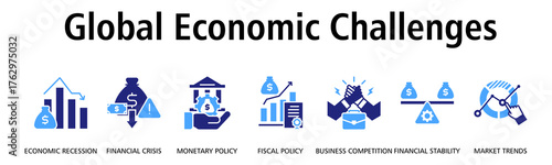 Global Economic Challenges banner web icon vector illustration concept with icon of economic recession, financial crisis, monetary policy, fiscal policy, business competition
