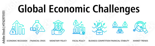 Global Economic Challenges banner web icon vector illustration concept with icon of economic recession, financial crisis, monetary policy, fiscal policy, business competition
