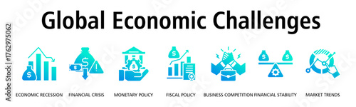 Global Economic Challenges banner web icon vector illustration concept with icon of economic recession, financial crisis, monetary policy, fiscal policy, business competition

