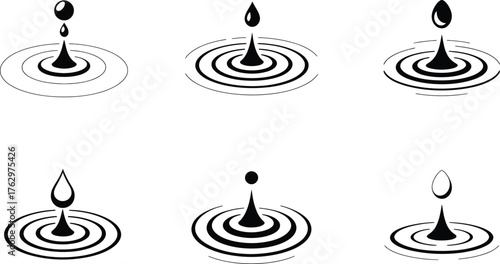 Six stylized water drops creating ripples on a white background