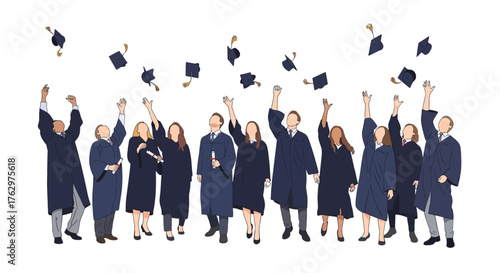 A diverse group of cheerful university graduates in academic gowns celebrating their commencement by tossing their caps in the air