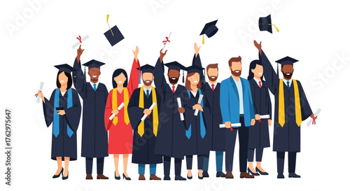 Happy graduates in academic gowns throwing caps and holding diplomas during graduation day