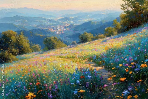 Colorful Meadow Hillside Vista With City View