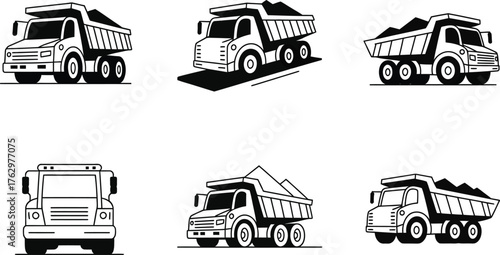 Collection of Six Black and White Dump Truck Illustrations