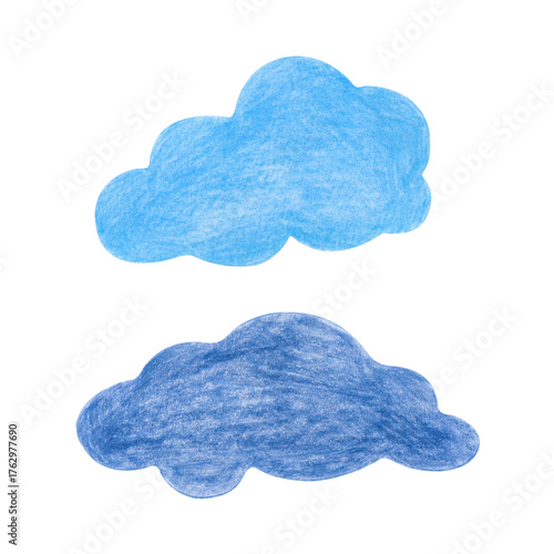 Two blue clouds, hand-drawn. The drawing with colored pencils is isolated on a white background. Clipart. A child's drawing.