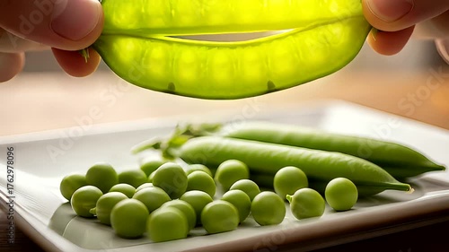 Hands opening a fresh pea pod revealing green peas on a plate