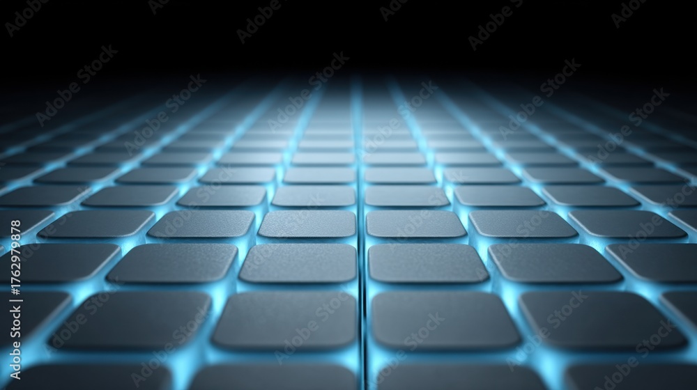 Fototapeta premium Blue and Black Abstract Background with Glowing Tiles and a 3D Perspective Ideal for Technology and Futuristic Themes in Digital Art and Design Projects