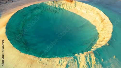 Aerial View Of A Natural Turquoise Crater Lake With Sunlit Yellow Earth Edges Under A Clear Sky