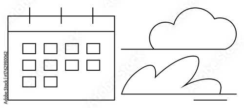 Calendar with grid layout alongside outlined cloud and bush. Ideal for scheduling, organization, planning, nature, creativity, simplicity, and productivity. Simple flat metaphor