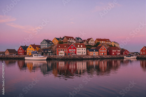 Colorful houses reflecting on calm water at sunset in seaside village  