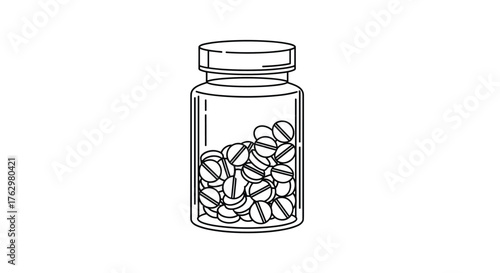 Illustration of a glass bottle filled with round pills.