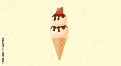Delicious ice cream cone with chocolate syrup and a strawberry on top.