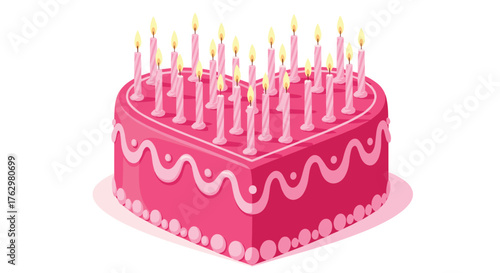Heart shaped birthday cake with many burning candles for celebration.