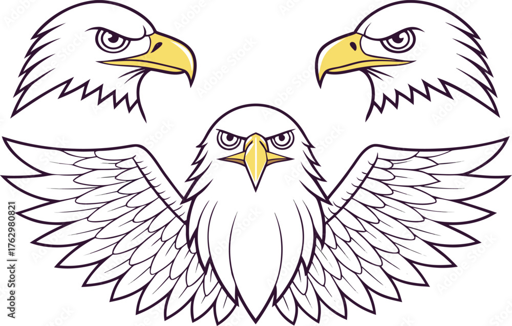Fototapeta premium Bald Eagle Design Set in Outlines. American Eagle Outline Illustration. Majestic Bald Eagle Artwork Set. Eagle Head and Wing Illustration Collection. Patriotic Bald Eagle Design Pack. Wild Eagle Bird