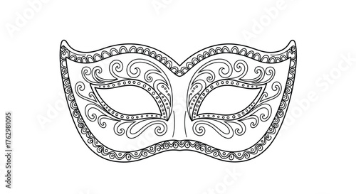 Hand drawn ornate carnival mask line art illustration on a white background.