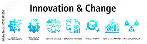 Innovation & Change banner web icon vector illustration concept with icon of digital transformation, innovation disruption, climate change, emerging markets, market trends
