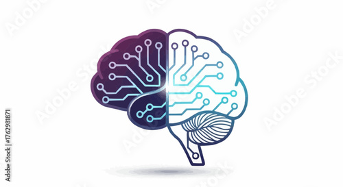 Vector illustration of a human brain merging with a computer circuit board, symbolizing artificial intelligence, machine learning, and technological innovation