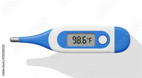 A blue and white digital medical thermometer showing the normal human body temperature of 98.6 degrees Fahrenheit, isolated on a white background
