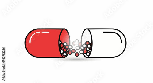Open Red and White Capsule with Small Granules Falling Out, Symbolizing Medicine, Health, and Pharmaceuticals