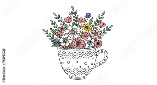 Hand drawn illustration of a teacup filled with colorful flowers and leaves.