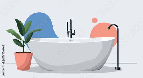 Modern Freestanding Bathtub with Plant and Faucet.