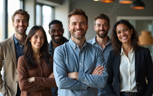 A diverse and smiling business team led by a confident chief stands together indoors. High quality