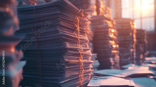 Stacks of paper documents bound neatly with thread, captured in hyperrealistic detail—aged textures, crisp edges, and soft light conveying order, history, and archival care.
