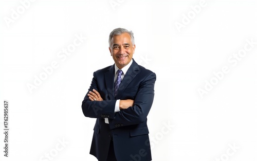 Smiling confident latin hispanic mature business man standing crossed arms isolated on white background. Older senior businessman professional ceo, coach, leader looking at camera. Banner, copy space