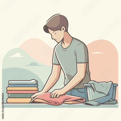 Illustration of a man folding clothes