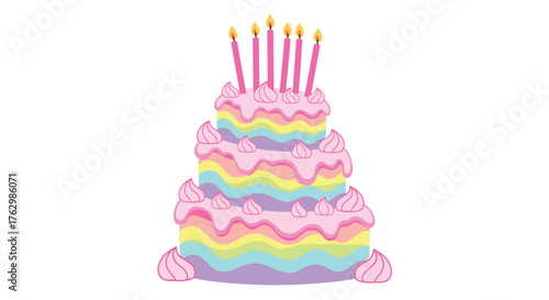 Vibrant Rainbow Tiered Birthday Cake with Pink Candles.