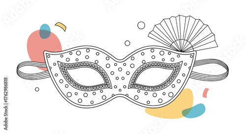 Intricate Masquerade Mask with Polka Dots and Decorative Fan.
