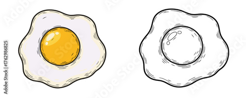 Minimalist cartoon sketch of a simple sunny-side-up fried egg drawing for a cookbook logo or children's coloring book isolated white background
