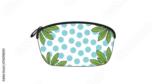 Stylish Cosmetic Bag with Polka Dots and Leaf Accents.