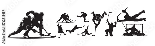 Hockey Player Silhouettes – Action Poses, Goalie, Skating and Shooting Icons.