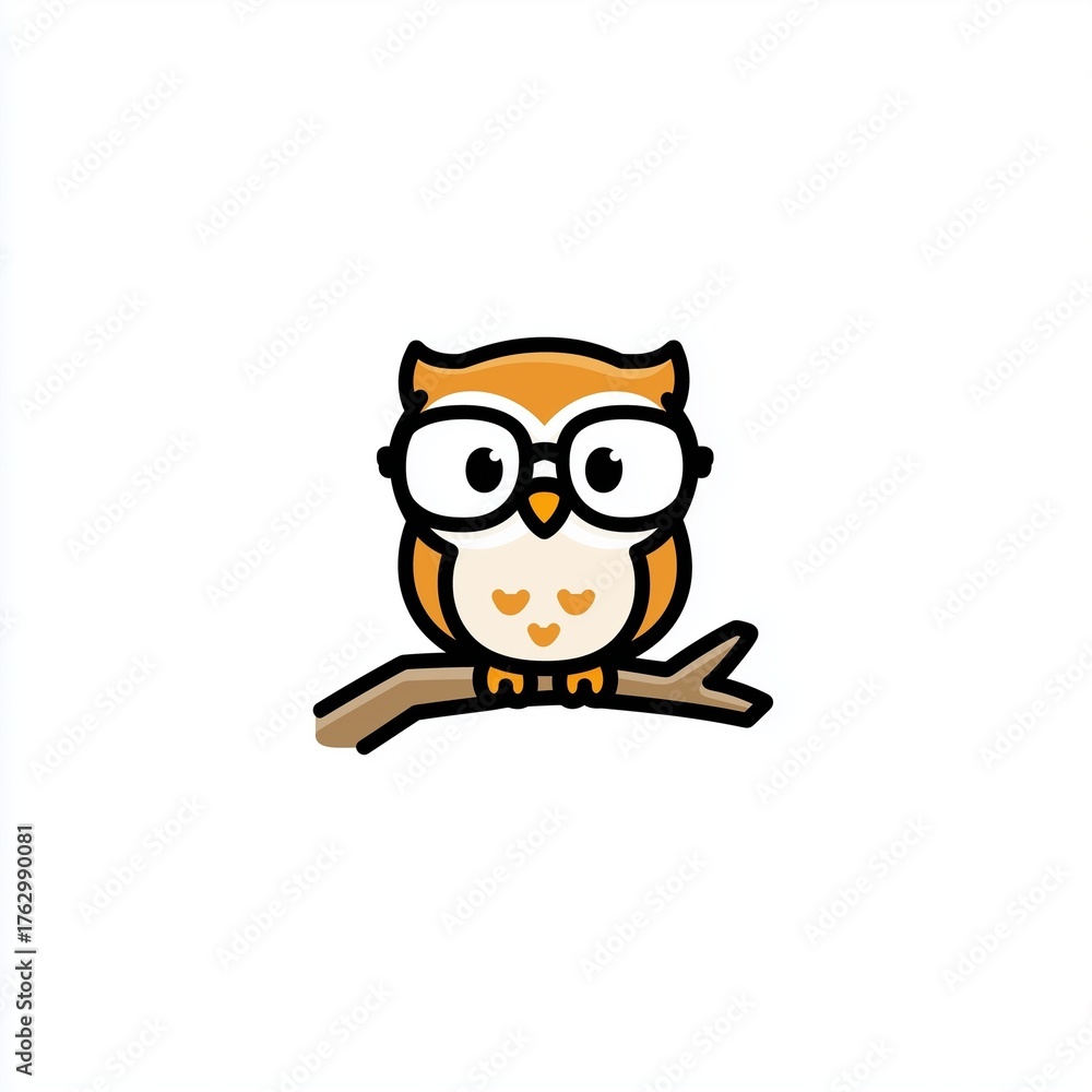 Obraz premium A minimalistic cartoon owl wearing glasses, sitting on a branch, designed as a flat vector logo on a white background