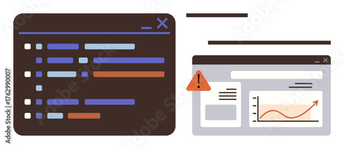 Code editor with colored lines, paired with dashboard showing graph, error alert. Ideal for programming, data analysis, system monitoring, bug fixing, development, tech education simple flat