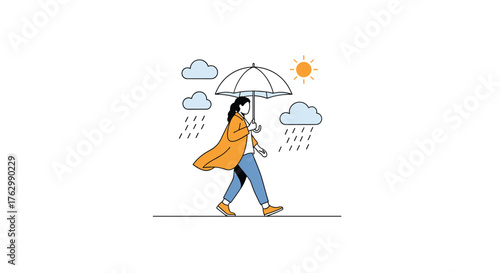 Woman in a yellow raincoat walking under an umbrella in the rain.
