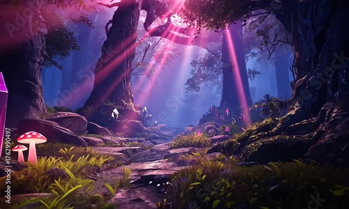 A magical forest scene with glowing mushrooms, purple crystals, and sunbeams filtering through the trees