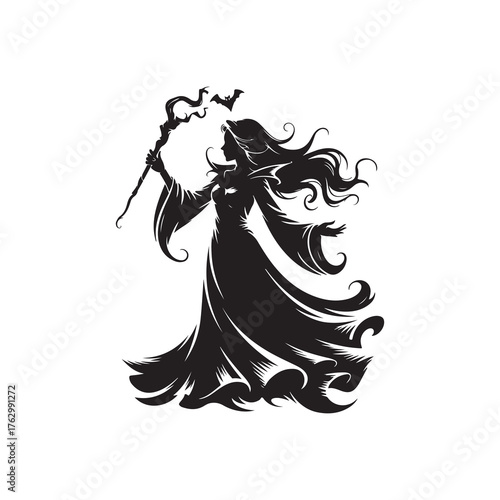 Gothic Lilith Halloween Silhouette Illustration, Black and White Vector.